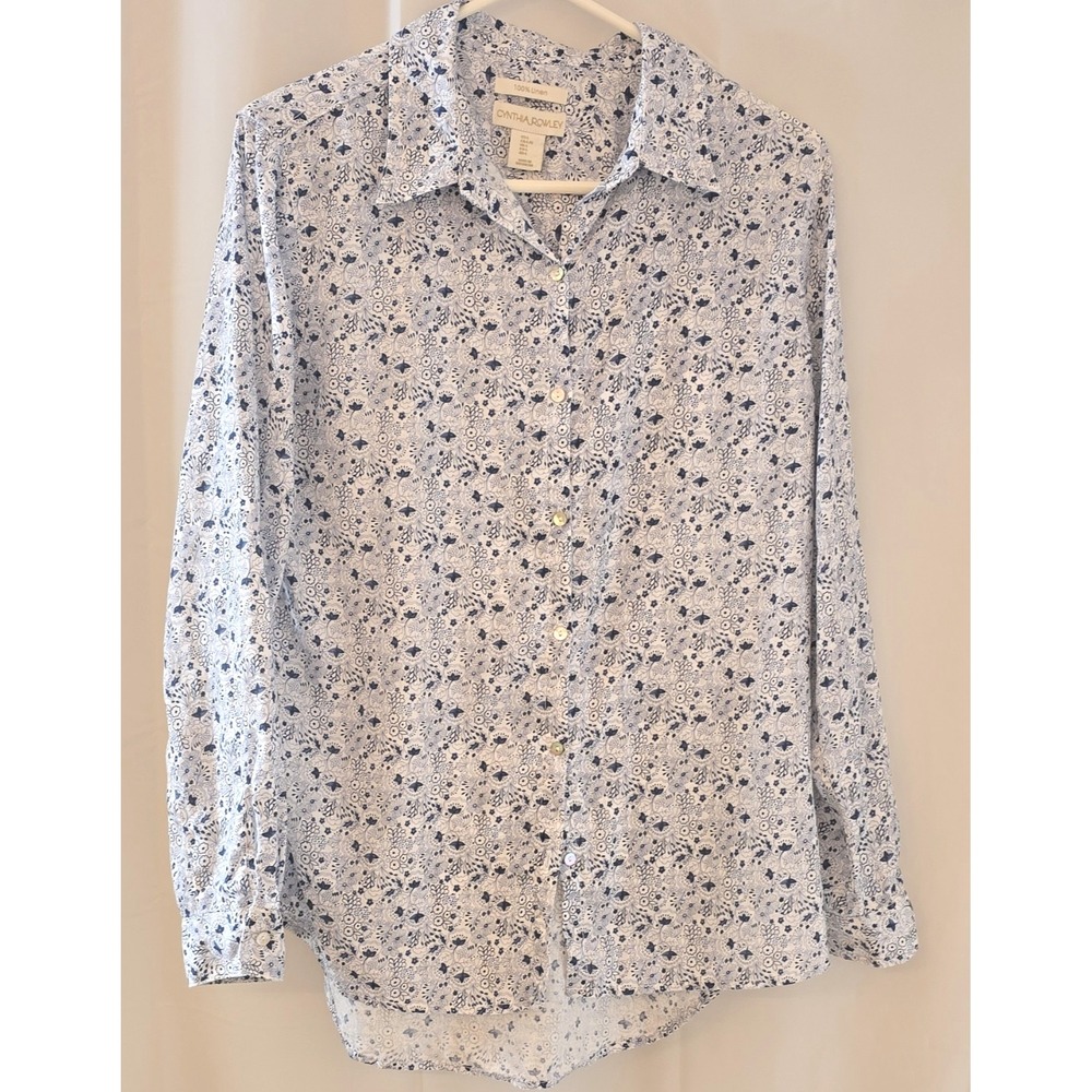 Cynthia Rowley Women's Larg/ Blue White 100% Linen Button Front Shirt Coastal